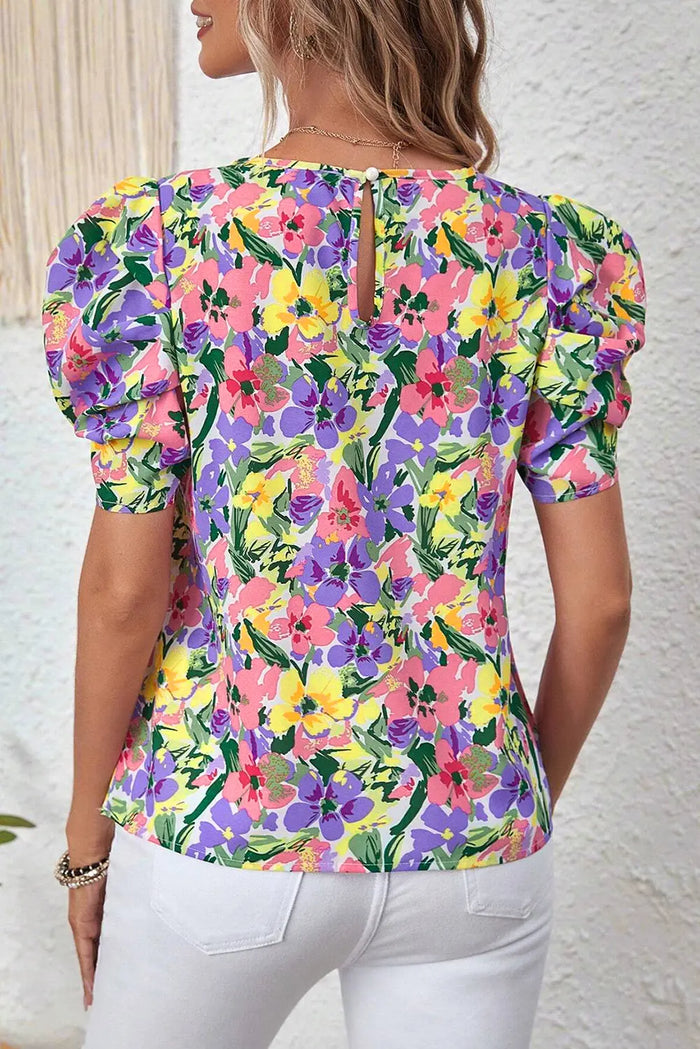Purple Floral Print Puff Short Sleeve Crew Neck Blouse - Tops/Blouses & Shirts