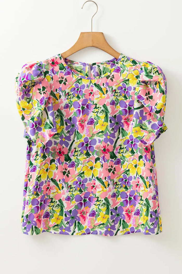 Purple Floral Print Puff Short Sleeve Crew Neck Blouse - Tops/Blouses & Shirts