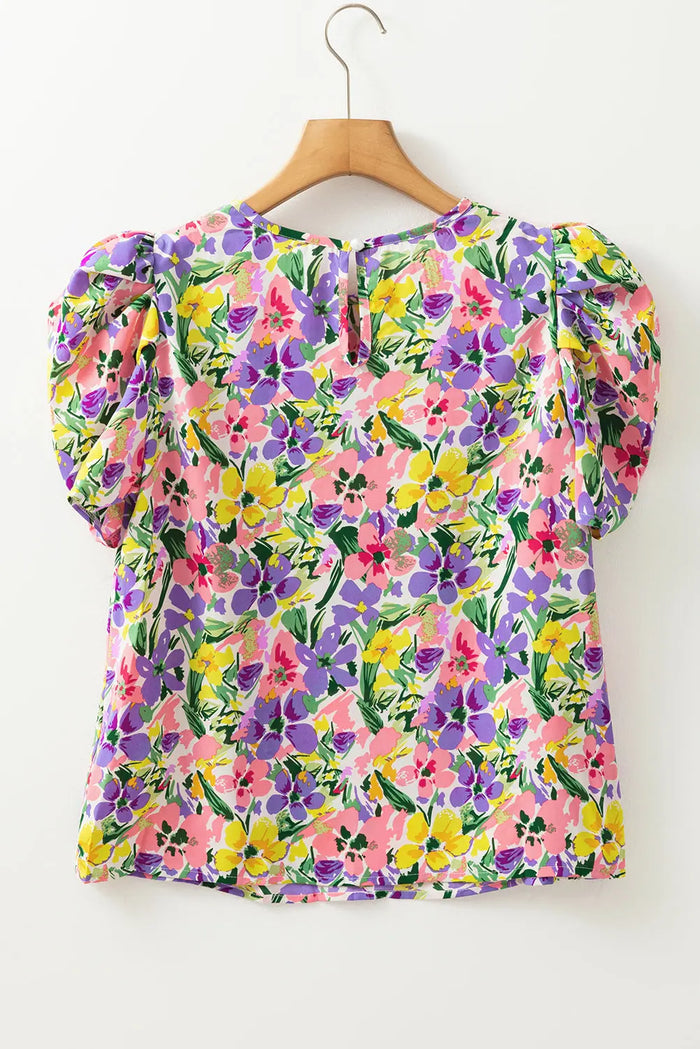 Purple Floral Print Puff Short Sleeve Crew Neck Blouse - Tops/Blouses & Shirts