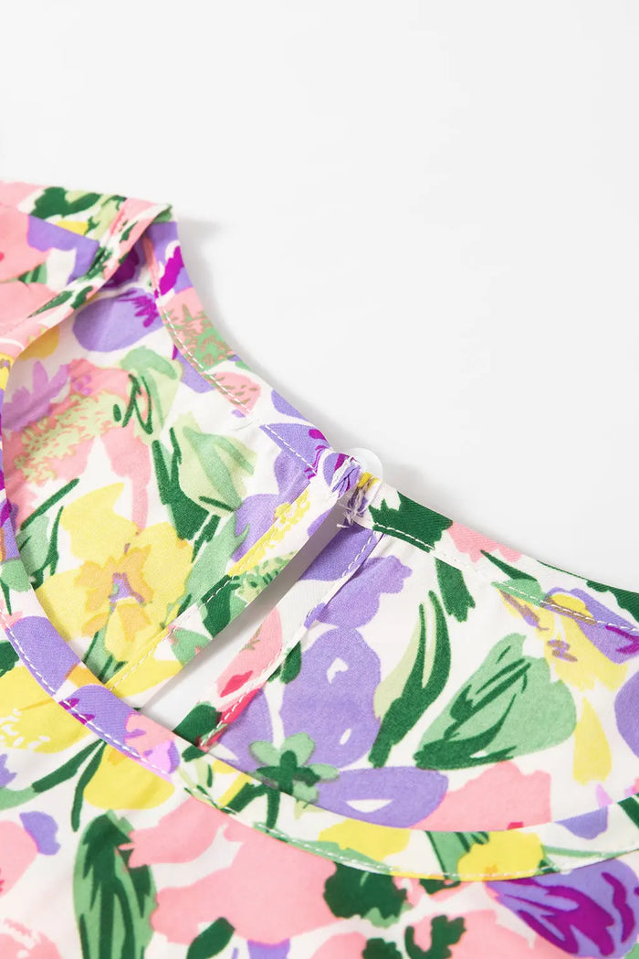 Purple Floral Print Puff Short Sleeve Crew Neck Blouse - Tops/Blouses & Shirts