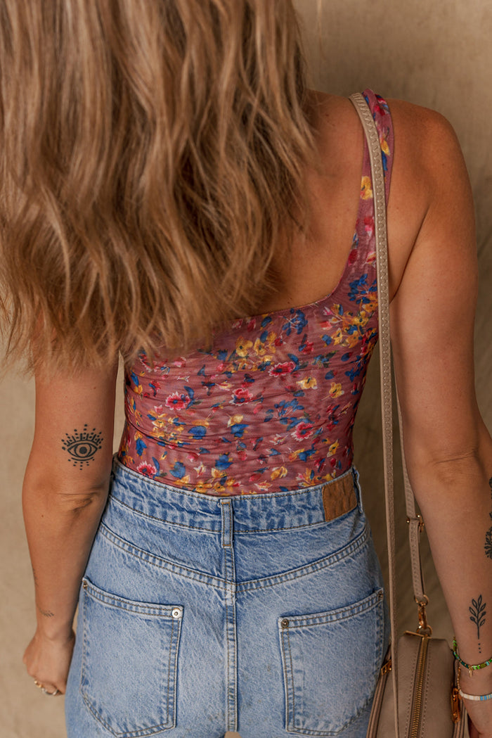Purple Floral Printed Mesh U Neck Sleeveless Bodysuit - Tops/Bodysuits