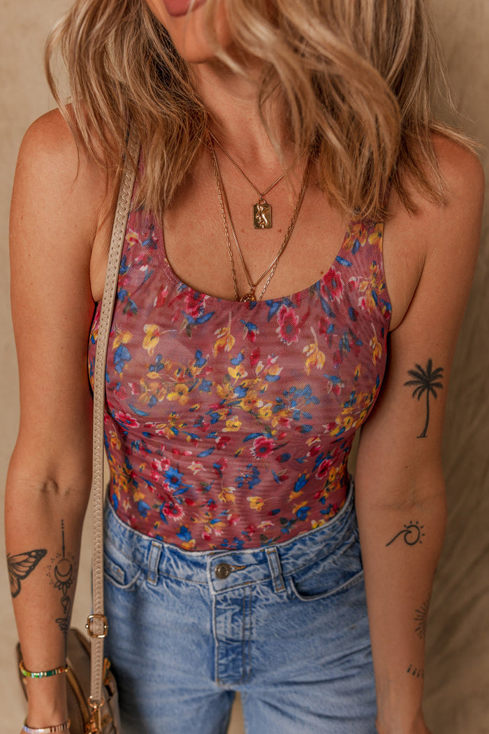 Purple Floral Printed Mesh U Neck Sleeveless Bodysuit - Tops/Bodysuits