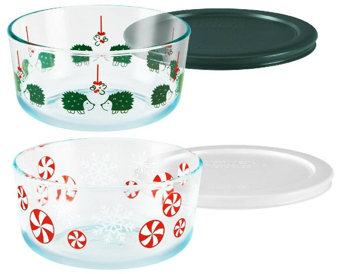 Pyrex 4 Cup CHRISTMAS Green Hedgehogs Under Mistletoe OR Red Peppermint Candy