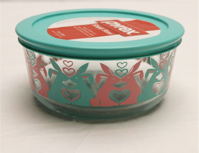 ❤️ PYREX 4 Cup Glass Storage Bowl SPRING FLING BUNNY Love Pink Turquoise Blue Hearts