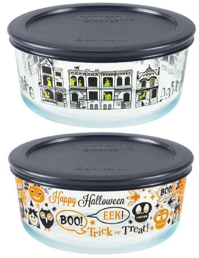 Pyrex 4 Cup HALLOWEEN Storage SPOOKY FUN /Haunted Mansion Cemetery FRIGHT NIGHT