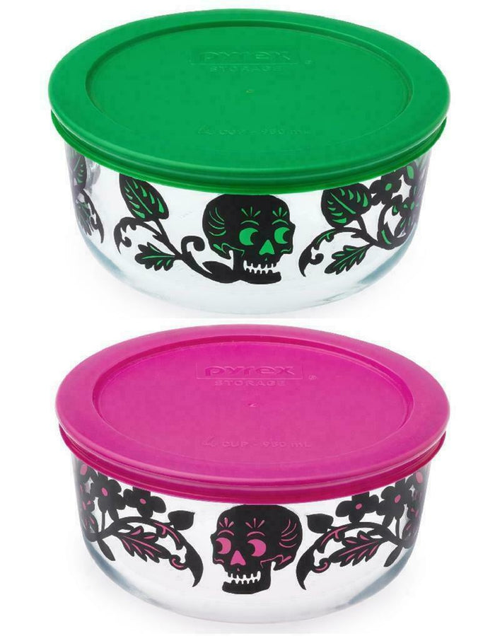 Pyrex 4 Cup Halloween Trick or Treat DEAD SKULLS GARDEN Choose: PINK or GREEN
