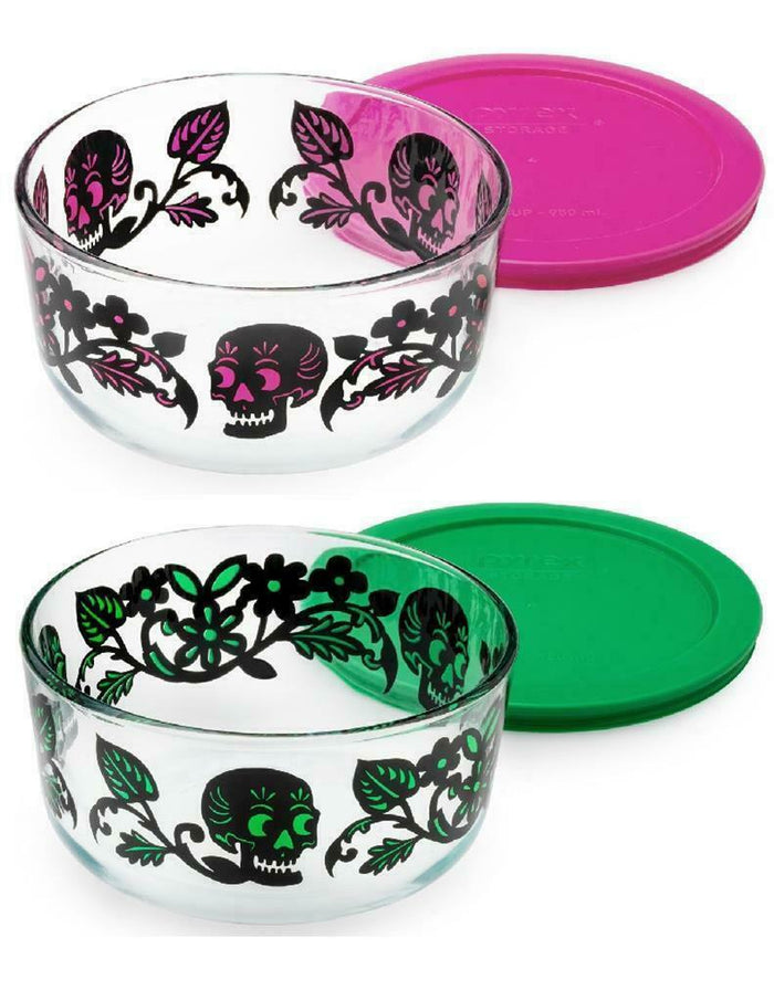 Pyrex 4 Cup Halloween Trick or Treat DEAD SKULLS GARDEN Choose: PINK or GREEN