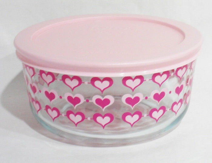 PYREX 4 Cup SMITTEN LOVE Valentine STORAGE BOWL 3-Rows Pink Red Inlaid Hearts