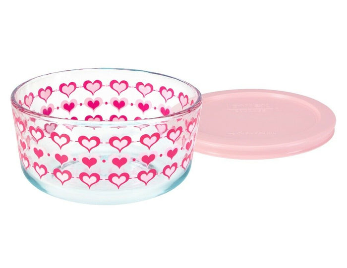 PYREX 4 Cup SMITTEN LOVE Valentine STORAGE BOWL 3-Rows Pink Red Inlaid Hearts