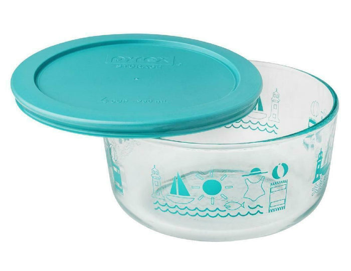 PYREX 4 Cup SUMMER FUN Glass Storage Bowl *BEACH LIGHTHOUSE SAILBOAT FISH SWIM