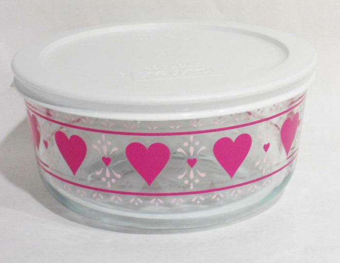 PYREX 4 Cup VALENTINE HEARTS STORAGE BOWL Love Hugs *Choose WHITE or PINK COVER