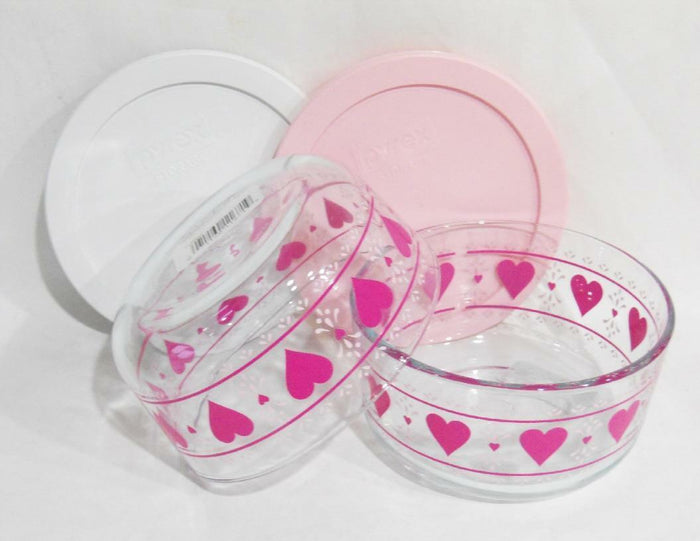 PYREX 4 Cup VALENTINE HEARTS STORAGE BOWL Love Hugs *Choose WHITE or PINK COVER