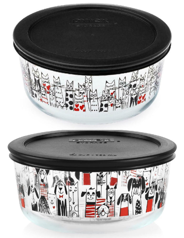 Pyrex CITY CATS or DOGS 4 Cup ROUND Storage Bowl Suit Tie KITTY / PUPPY LOVE Hearts