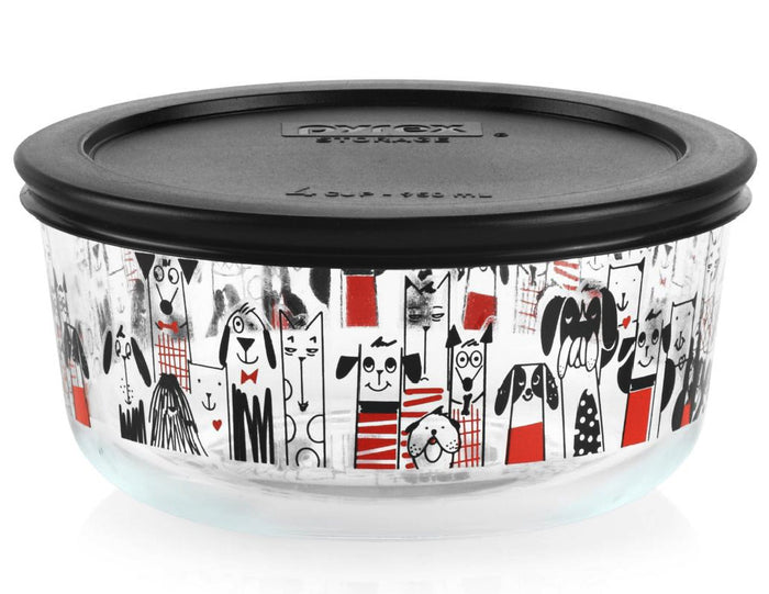 Pyrex CITY CATS or DOGS 4 Cup ROUND Storage Bowl Suit Tie KITTY / PUPPY LOVE Hearts