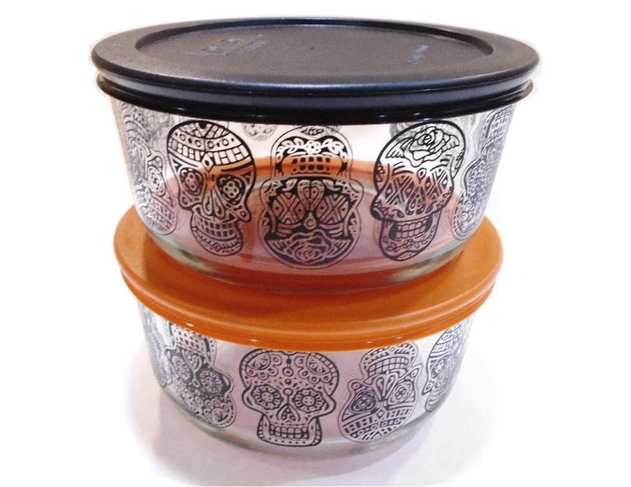 Pyrex DAY of the DEAD Halloween SUGAR SKULLS 4 Cup STORAGE BOWL Orange OR Black
