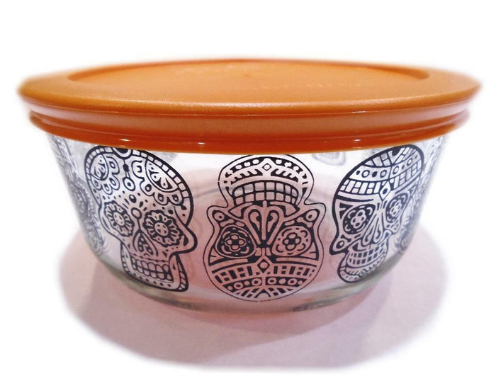 Pyrex DAY of the DEAD Halloween SUGAR SKULLS 4 Cup STORAGE BOWL Orange OR Black
