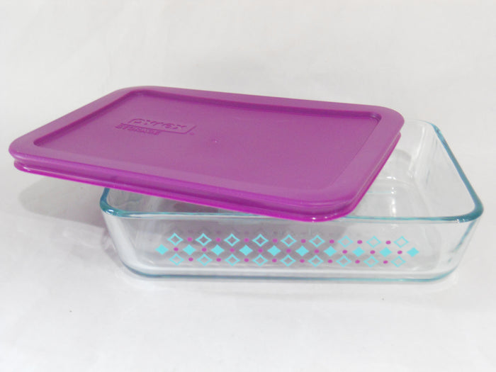 Pyrex DIAMONDS 3 Cup RECTANGULAR Food Storage Container TURQUOISE PURPLE