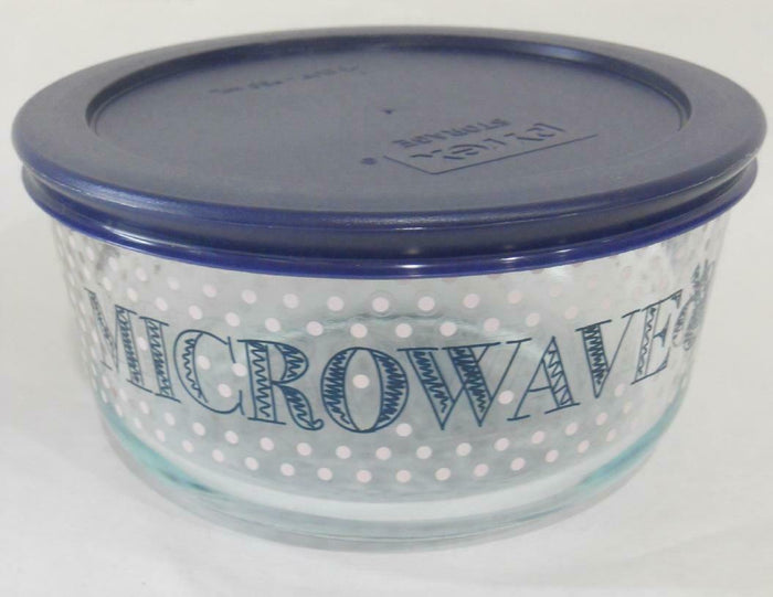 Pyrex MICROWAVE & CHILL 4 Cup STORAGE BOWL Hot Cold Foods Dark Blue Pink Dots