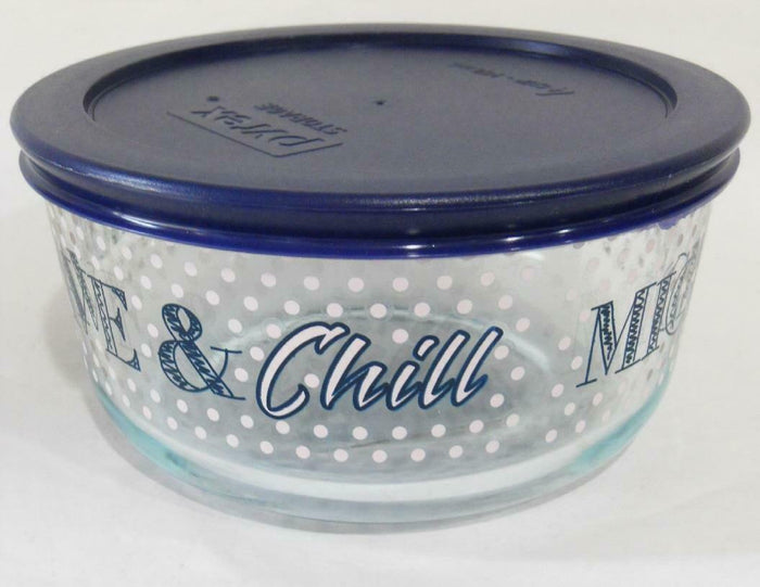 Pyrex MICROWAVE & CHILL 4 Cup STORAGE BOWL Hot Cold Foods Dark Blue Pink Dots