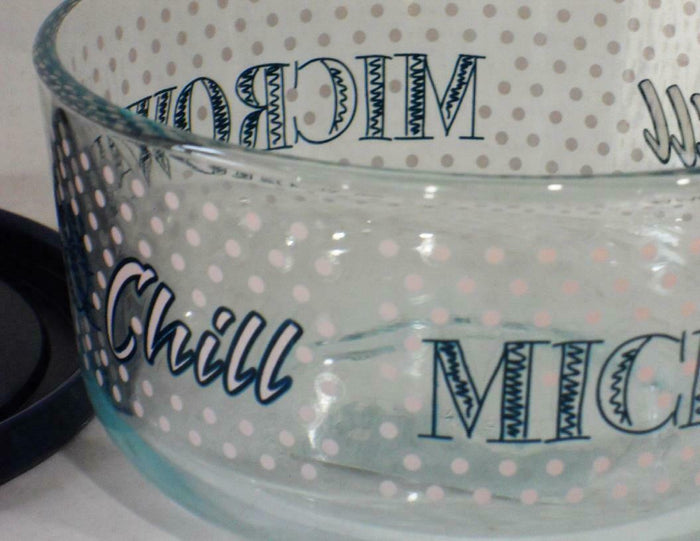 Pyrex MICROWAVE & CHILL 4 Cup STORAGE BOWL Hot Cold Foods Dark Blue Pink Dots