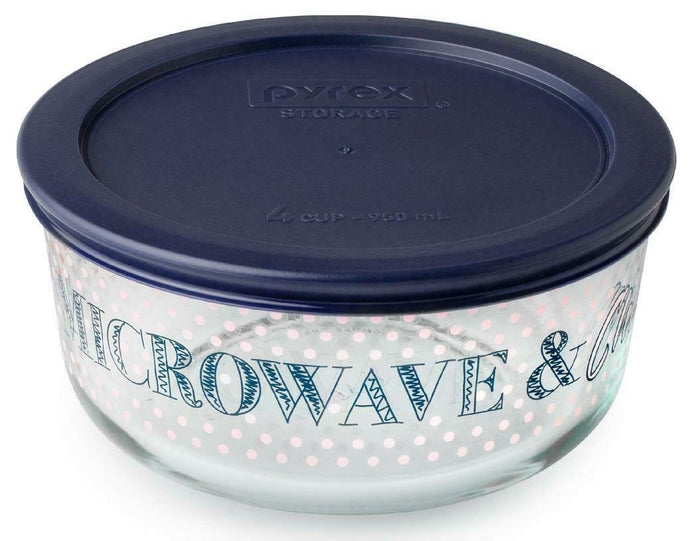 Pyrex MICROWAVE & CHILL 4 Cup STORAGE BOWL Hot Cold Foods Dark Blue Pink Dots