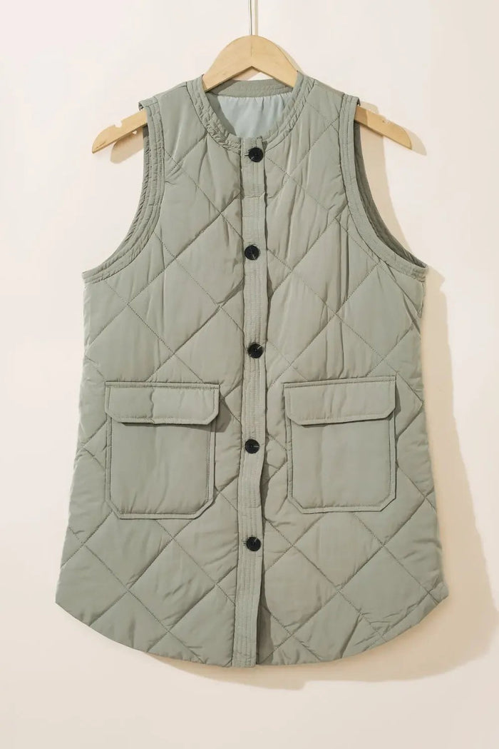 Grass Green Quilted Long Sleeveless Coat with Pockets - Outerwear/Sleeveless