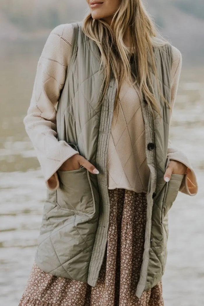 Grass Green Quilted Long Sleeveless Coat with Pockets - GRASS GREEN / S / 100% POLYESTER - Outerwear/Sleeveless