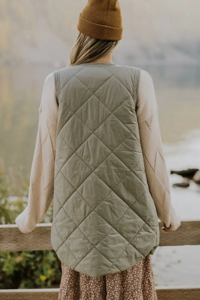 Grass Green Quilted Long Sleeveless Coat with Pockets - Outerwear/Sleeveless