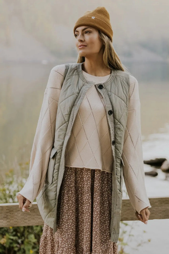Grass Green Quilted Long Sleeveless Coat with Pockets - Outerwear/Sleeveless