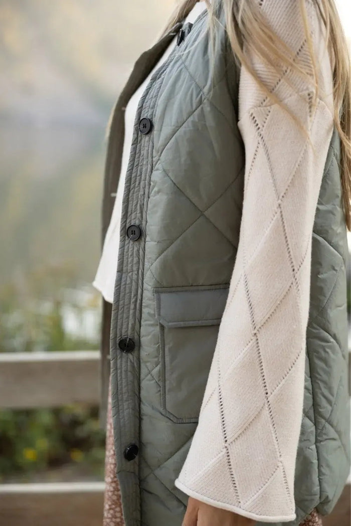 Grass Green Quilted Long Sleeveless Coat with Pockets - Outerwear/Sleeveless