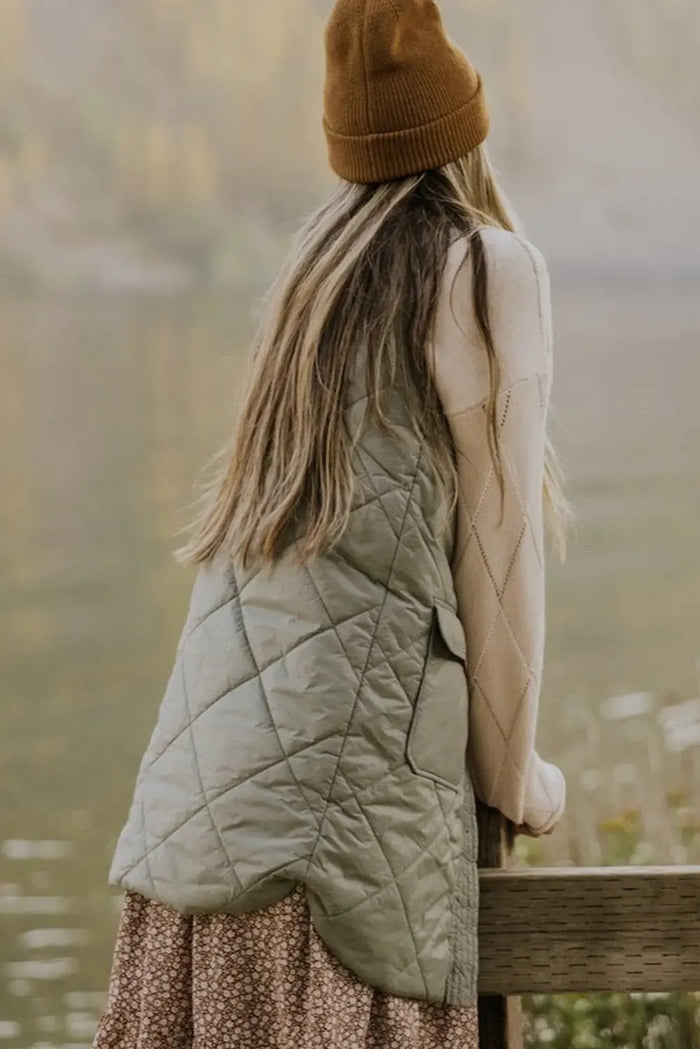 Grass Green Quilted Long Sleeveless Coat with Pockets - Outerwear/Sleeveless
