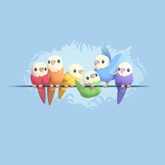 Premium Cotton T-shirt_TeeTurtle light blue Rainbow Parakeets apparel featuring a flock of parakeets on a brand in different colors of the rainbow.