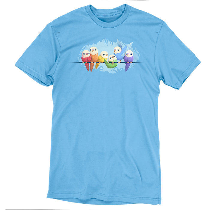 Premium Cotton T-shirt_TeeTurtle light blue Rainbow Parakeets apparel featuring a flock of parakeets on a brand in different colors of the rainbow.