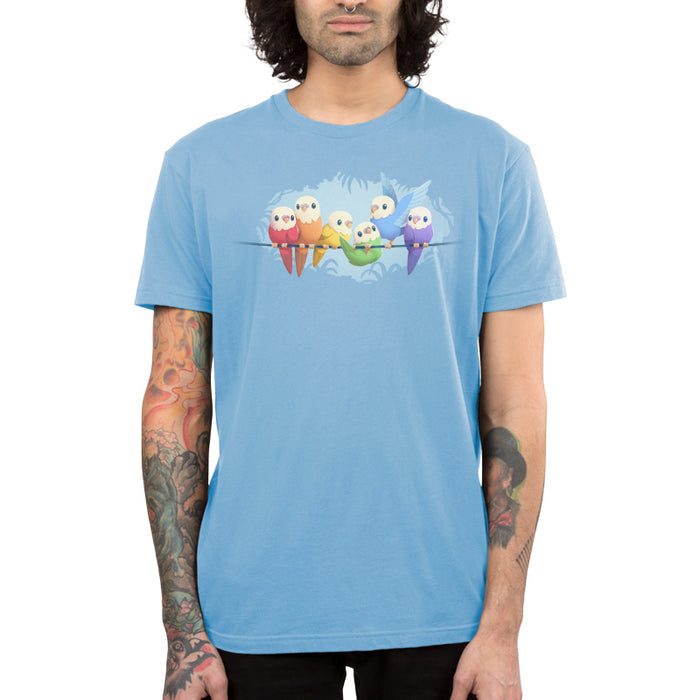 Premium Cotton T-shirt_TeeTurtle light blue Rainbow Parakeets apparel featuring a flock of parakeets on a brand in different colors of the rainbow.