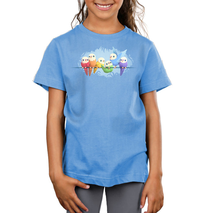 Premium Cotton T-shirt_TeeTurtle light blue Rainbow Parakeets apparel featuring a flock of parakeets on a brand in different colors of the rainbow.