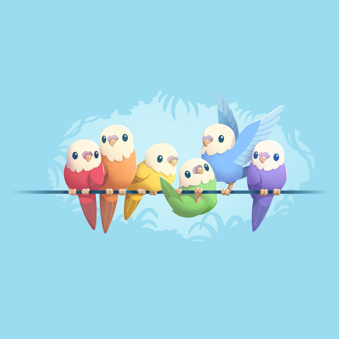 Classic Cotton T-shirt_TeeTurtle light blue Rainbow Parakeets apparel featuring a flock of parakeets on a brand in different colors of the rainbow.