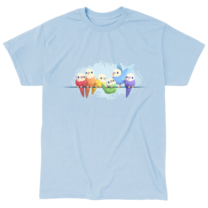 Classic Cotton T-shirt_TeeTurtle light blue Rainbow Parakeets apparel featuring a flock of parakeets on a brand in different colors of the rainbow.
