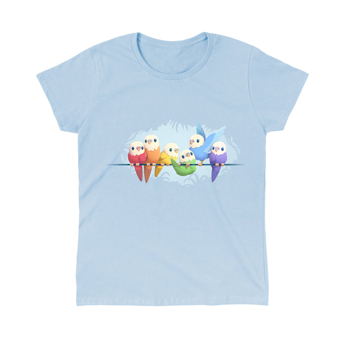 Classic Cotton T-shirt_TeeTurtle light blue Rainbow Parakeets apparel featuring a flock of parakeets on a brand in different colors of the rainbow.