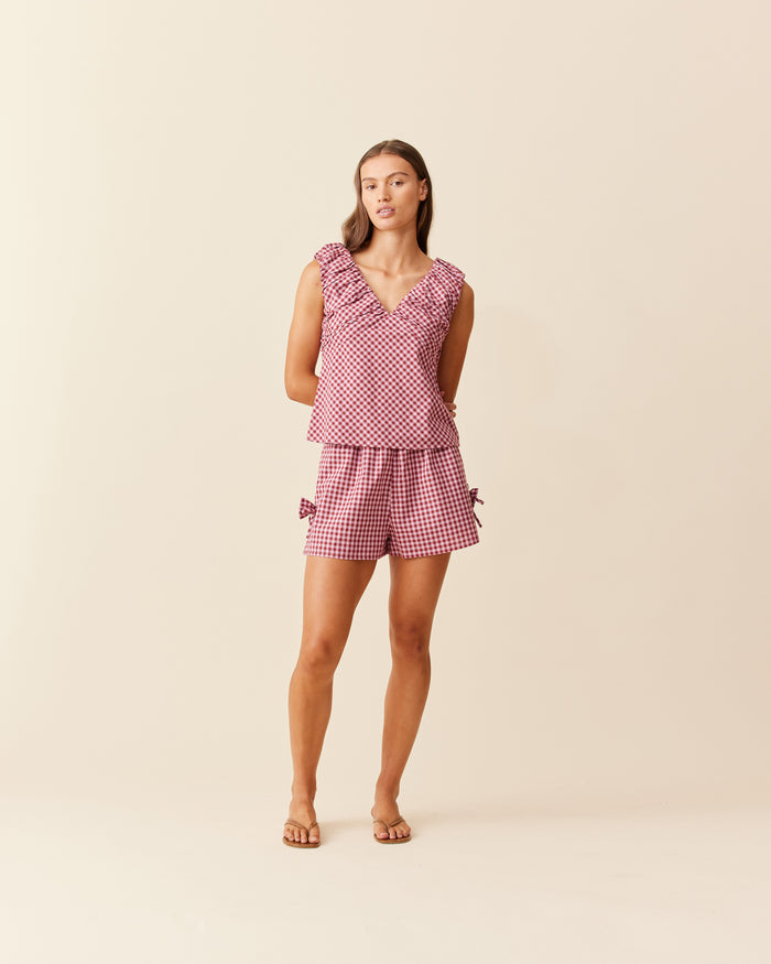 RAQUEL BOW SHORT PINK BURGUNDY GINGHAM