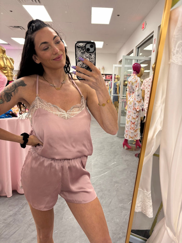 Recycled Fabric Lace Satin Pajama Set - Pink - Intimate Whispers