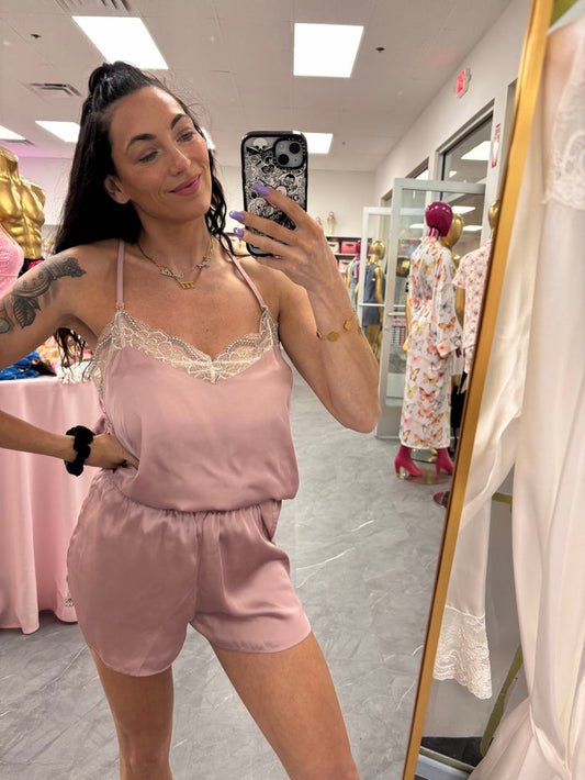 Recycled Fabric Lace Satin Pajama Set - Pink - Intimate Whispers