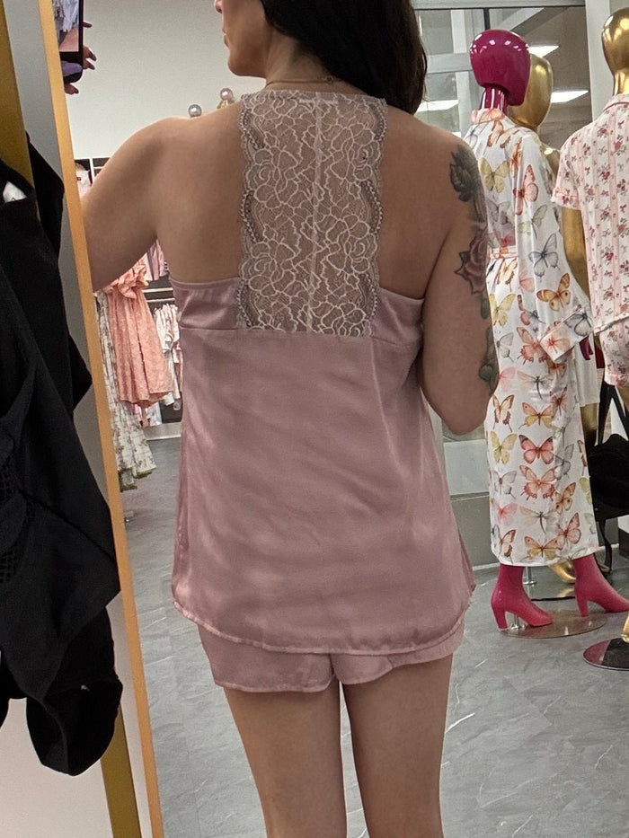 Recycled Fabric Lace Satin Pajama Set - Pink - Intimate Whispers
