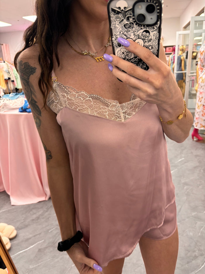 Recycled Fabric Lace Satin Pajama Set - Pink - Intimate Whispers