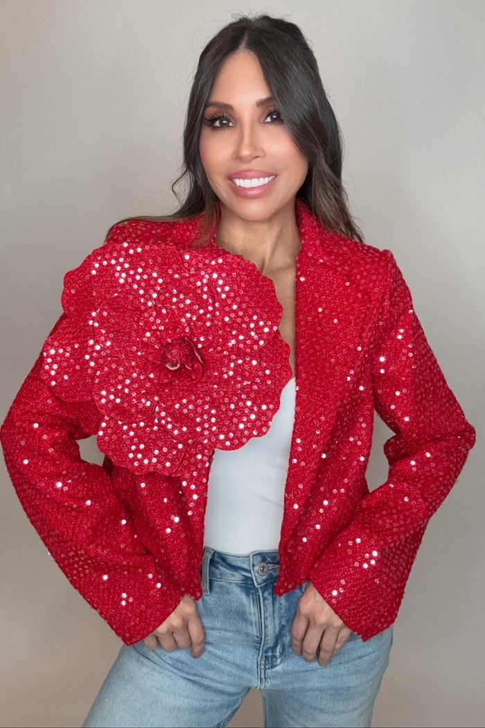 Style the Red Florette Shoulder Sequin Jacket exclusively at Born To Glam