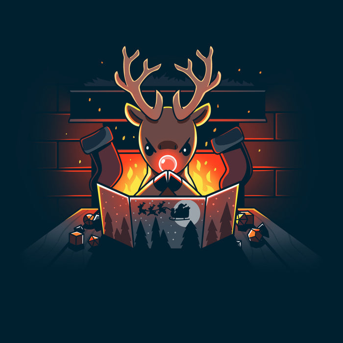 Premium Cotton T-shirt_TeeTurtle navy blue Reindeer Game Master featuring a reindeer in a tabletop game christmas scene. The reindeer glowing red nose debating their next game move with dice around the table, in front of a bright fire and stockings hung on the chimney.