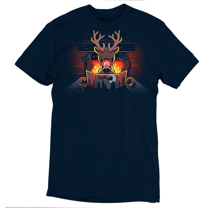 Premium Cotton T-shirt_TeeTurtle navy blue Reindeer Game Master featuring a reindeer in a tabletop game christmas scene. The reindeer glowing red nose debating their next game move with dice around the table, in front of a bright fire and stockings hung on the chimney.
