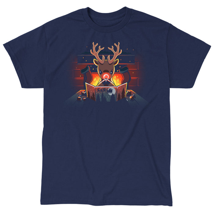 Classic Cotton T-shirt_TeeTurtle navy blue Reindeer Game Master featuring a reindeer in a tabletop game christmas scene. The reindeer glowing red nose debating their next game move with dice around the table, in front of a bright fire and stockings hung on the chimney.