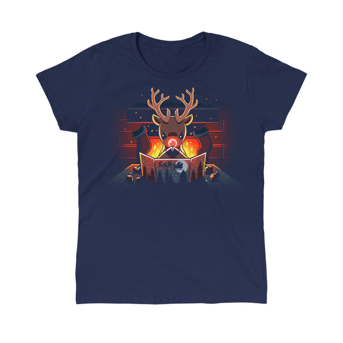 Classic Cotton T-shirt_TeeTurtle navy blue Reindeer Game Master featuring a reindeer in a tabletop game christmas scene. The reindeer glowing red nose debating their next game move with dice around the table, in front of a bright fire and stockings hung on the chimney.