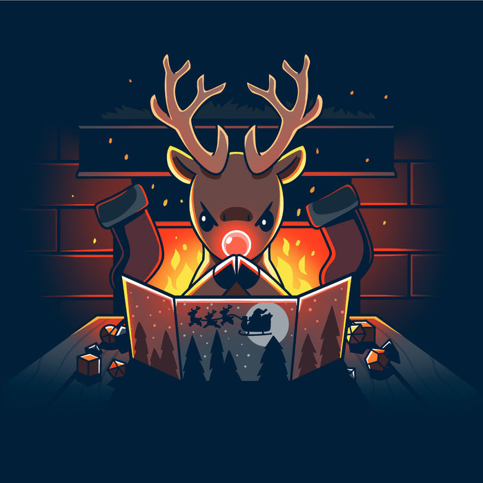 Long Sleeve T-shirt_TeeTurtle navy blue Reindeer Game Master featuring a reindeer in a tabletop game christmas scene. The reindeer glowing red nose debating their next game move with dice around the table, in front of a bright fire and stockings hung on the chimney.