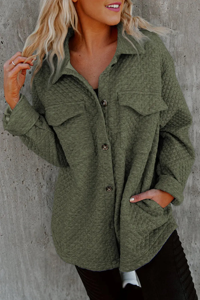 Retro Quilted Flap Pocket Button Shacket - GREEN / S / 95% POLYESTER + 5% ELASTANE - Outerwear/Jackets